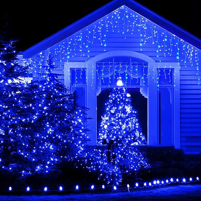 Solar Christmas Lights Outdoor Waterproof Christmas Decorations Curtain Lights 320LED 29.5ft 60 Drops, Solar Powered Rechargeable Fairy Lights for Party, Wedding, Home Decorations(Blue)