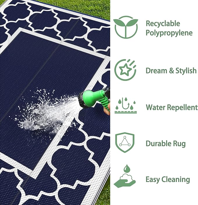 GENIMO 5' x 8' Outdoor Rug Waterproof for Patio Decor, Foldable Reversible Plastic Straw Area Rugs Mat for Camper, Outside Carpet for Rv, Deck, Porch, Picnic, Beach, Balcony, Blue & White