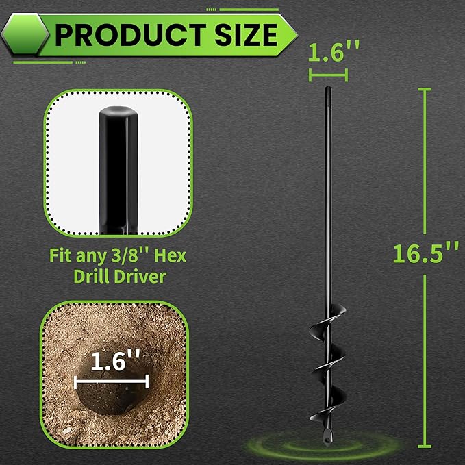 SYITCUN Auger Drill Bit for Planting 1.6"x16.5", Post Hole Auger for Planting Bulbs, Easy Post Hole Digger with Drill for 3/8”Hex Drive Drill