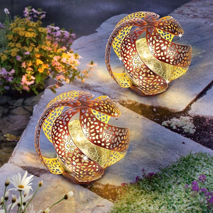 Huaxu Solar Lights Outdoor Garden Decor Waterproof Cracked Glass Globe LED Light Bronze Art Metal Retro Design Decorative Yard Patio Lawn Pathway Gift for Mom Women Anniversary Birthday