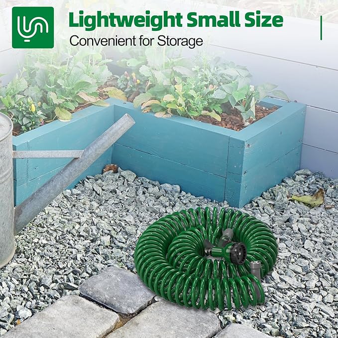 3/8" Lightweight Coil Garden Hose 50 FT, EVA Flexible Curly Water Pipes with 6-Pattern Spray Nozzle for Boat, Greenhouse, Yard, Patio, Green