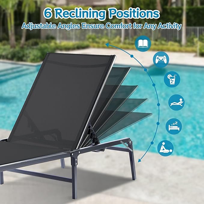 Outdoor Chaise Lounge Chair Set of 2, Foldable & Assemble-Free, 6 Adjustable Positions, Durable Rust-Resistant Frame, Portable Outdoor Pool Lounge Chairs for Pool Patio Beach, Black