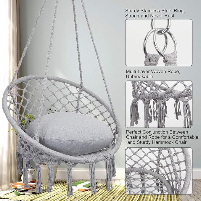 Y- STOP Hammock Chair Macrame Swing, Max 330 Lbs, Hanging Cotton Rope Hammock Swing Chair for Indoor and Outdoor Use, Light Grey