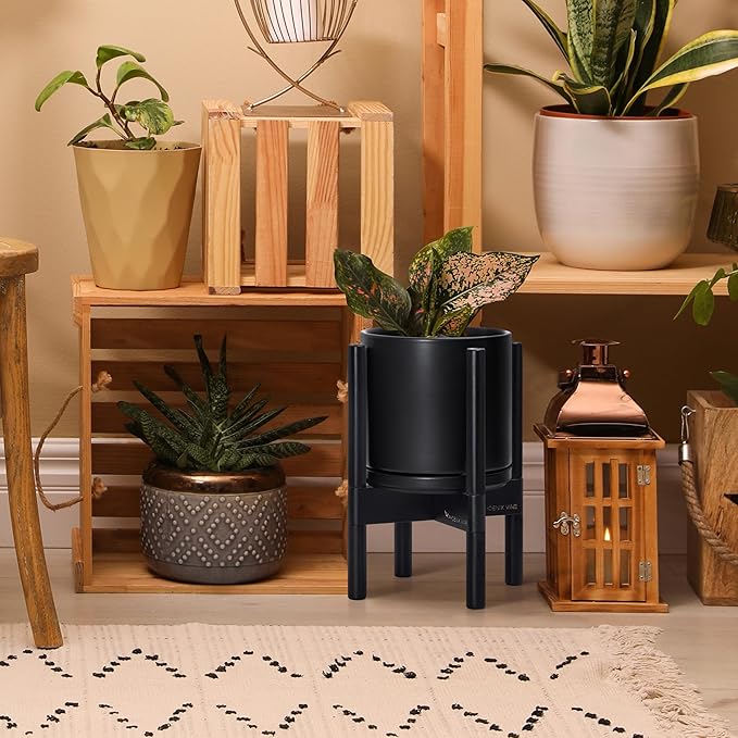 D'vine Dev Ceramic Planter with Ebony Stand - 8 Inch Modern Round Flower Pot with Wood Planter Holder, Black, 55-B-M-2