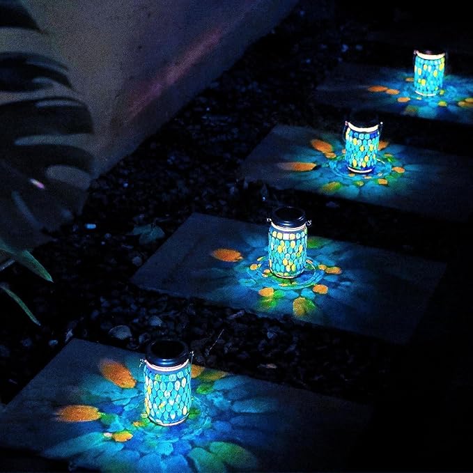 Cooo 2 Pack Mosaic Solar Lanterns Outdoor Waterproof Jar Lights Solar Powered, Hand Paste 141 Crystal Mosaics Table Hanging Garden Backyard Decor Lamps ๏ผJust Little More, Get Double The Delight ๏ผ
