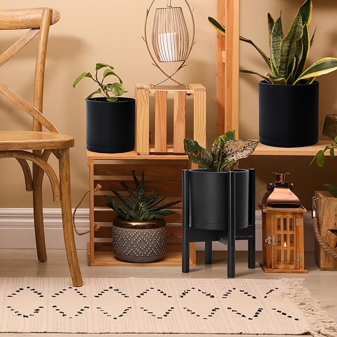 D'vine Dev Planter Pot with Stand - 8 Inch Plastic Cylinder Flower Pot with Wood Planter Holder for Indoor, Matte Black Pot + Ebony Stand, 55-C-K-2