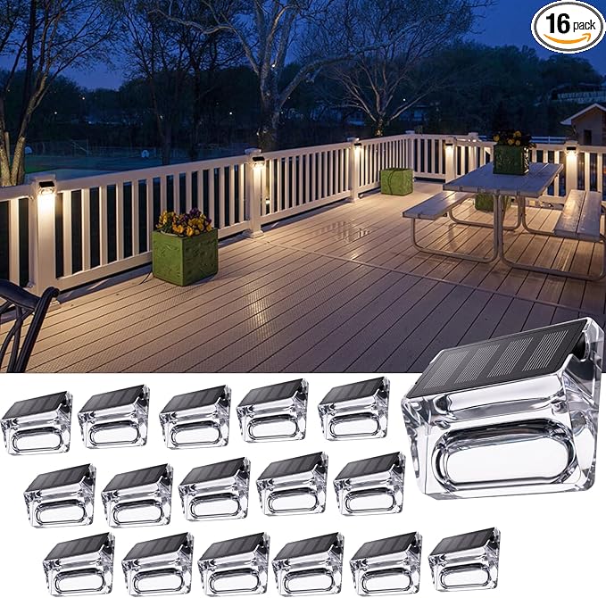 Solar Outdoor Lights, 16 Pack Solar Fence Lights, Deck Lights Waterproof Solar Powered Outside Lighting for Step Railing Wall Pool Stair Yard Garden Patio Pool Decorations (Warm White)