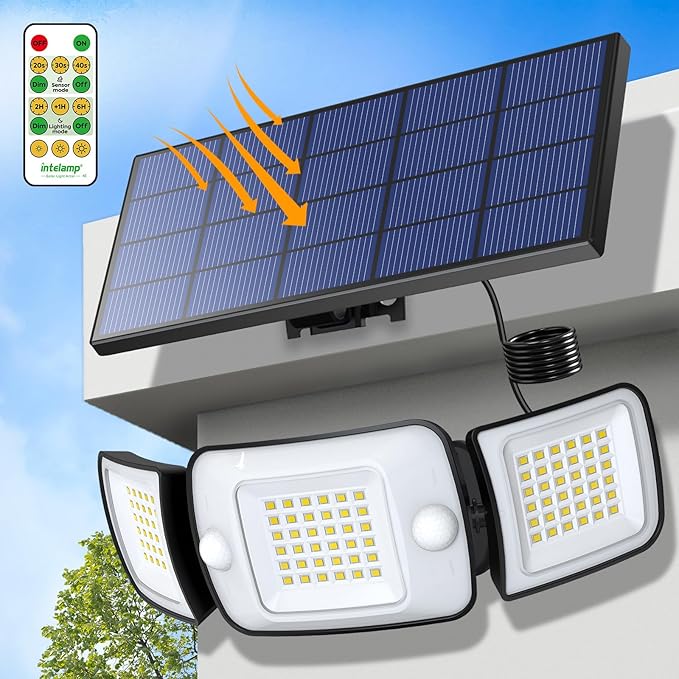 intelamp Solar Flood Lights Outdoor Waterproof, 6000mAh 1200LM Solar Powered Dual Motion Sensor LED Lighting Dusk to Dawn Security Floodlight Exterior with Remote 9.8ft Cable for Outside Garden House