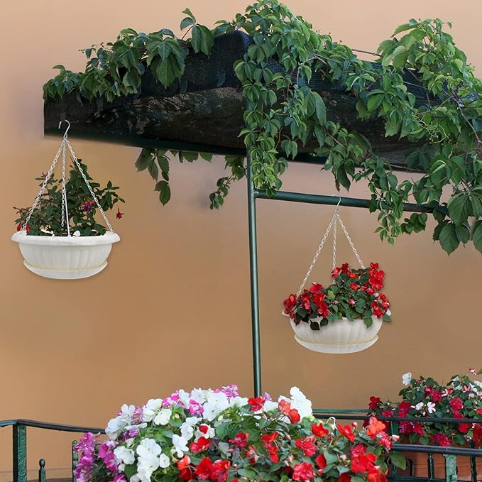 summer flower 3pcs 10.6 inch Plastic Hanging Planters Pots for Outdoor Indoor Plants Hanging Flower Plant Baskets Holder for Garden Porch Ceiling (White)