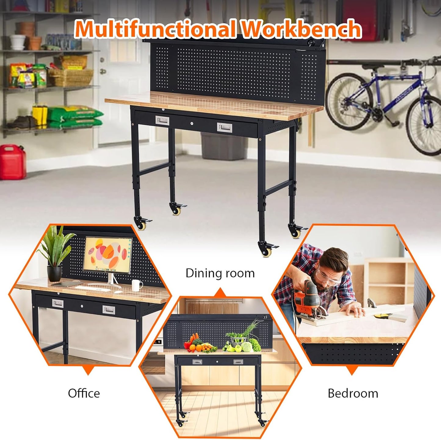 60" Adjustable Workbench with Drawer Storage, Rubber Wood Top Work Table for Garage, Heavy Duty Worktable with Removable Pegboard, Power Outlet, Hooks, Tool Storage Bench for Warehouse Workshop