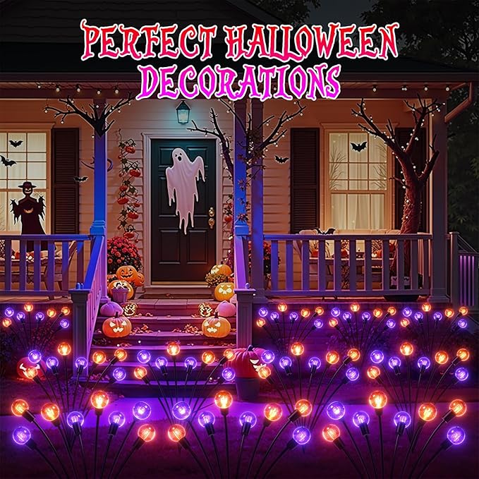 4Pack Halloween Decorations Outdoor, KELME Purple & Orange 32 LED Swaying Solar Halloween Lights Outdoor, 2 Modes Outdoor Halloween Decorations Decor Halloween Solar Lights for Party Yard Garden