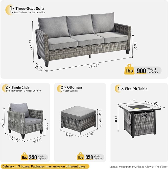 ovios 6 Pieces Patio Furniture Set with 30" Fire Pit Table, Outdoor Wicker Sofa with Comfy Cushions, All Weather High Back Rattan Couch Conversation Set, Dark Grey