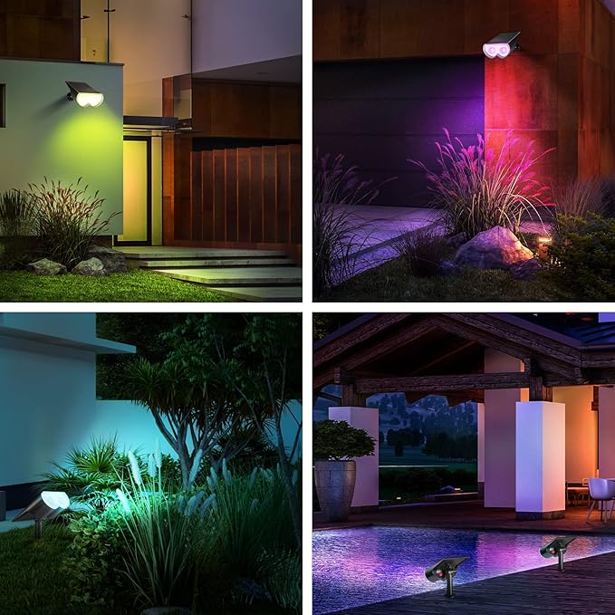 Consciot Solar Spot Lights Outdoor, Halloween Decorations 16 LEDs IP67 Waterproof Color Changing Solar Outdoor Lights, 8 Colors, 2-in-1 Adjustable Wall Lights for Garden Yard Pathway, 6 Pack(RGB)