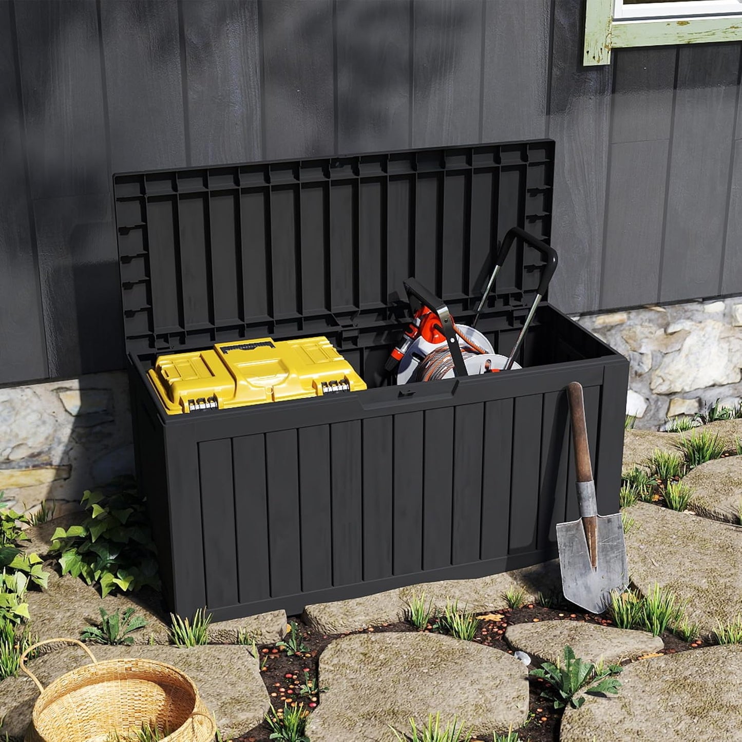 80GAL Black Resin Deck Box - Large Waterproof Storage for Patio Furniture, Pool Floats & Garden Supplies - Lockable, UV-Resistant for Backyards, Pool Decks
