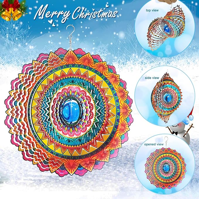 FONMY Wind Spinner 3D Stainless Steel Christmas Decoration Room Decor Indoor/Outdoor Garden Decoration Hanging Ornaments Kinetic Yard Art Decorations 12 inches Multi Red Mandala Wind Spinners