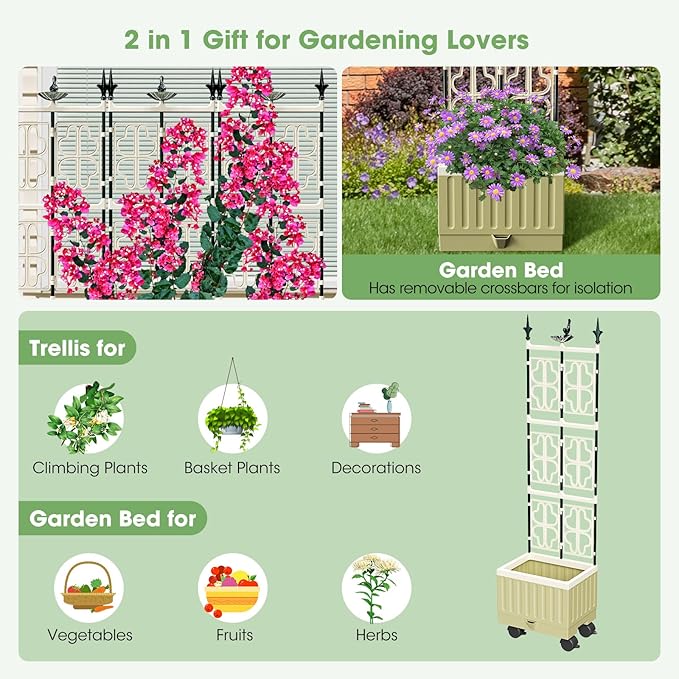 Tomato Planter Box with Trellis, 62" Self Watering Planter Trellis for Climbing Plants Outdoor, Raised Garden Bed for Garden Vegetables Flowers Herbs Indoor Outdoor