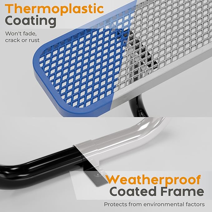 Metal Picnic Tables for Outdoors with Umbrella Hole - Coated Steel Heavy Duty Commercial Grade Table with Adjustable Seats (Blue, 46 in, Square with Back, Expanded Steel)