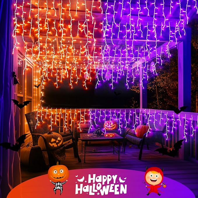 JMEXSUSS Halloween Icicle Lights, 400 LED, Orange to Purple, Waterproof, Outdoor, 43.64 ft, Remote Control, 40 Drops, Multicolor, Traditional Style, Halloween, Christmas Decorations