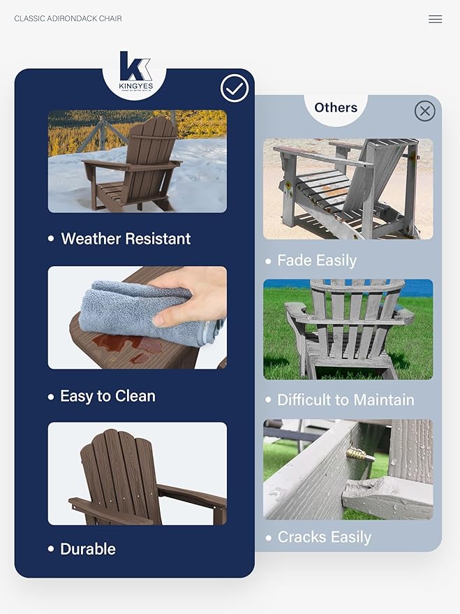 KINGYES HDPE Adirondack Chair, Classic All-Weather Adirondack Chair, Brown