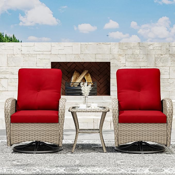Joyside Outdoor Swivel Rocker Chairs, 3 Piece Wicker Patio Set with Thick Cushion and Side Table, Rattan Patio Swivel Rocking Chairs for Porch, Deck Use (Natural/Red, 3 PCS)