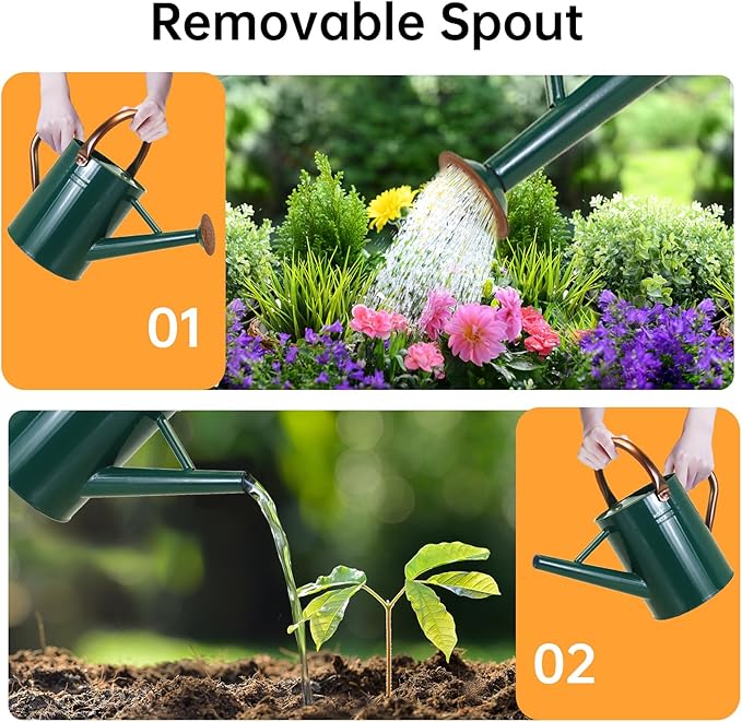 Metal Watering Can for Outdoor Plants, 1 Gallon Galvanized Steel Watering Can with Removable spout for Outdoor & Indoor Use, Perfect for Garden Flower, Houseplants, Forest Green