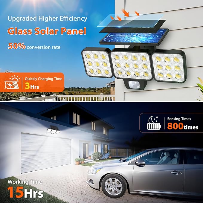 WdtPro Solar Lights Outdoor Waterproof 1 Pack, 3500LM Super Bright Motion Sensor Solar Powered LED Flood Lights, Upgrade Glass Panel, Solar Security Light Spotlights for Outside Yard