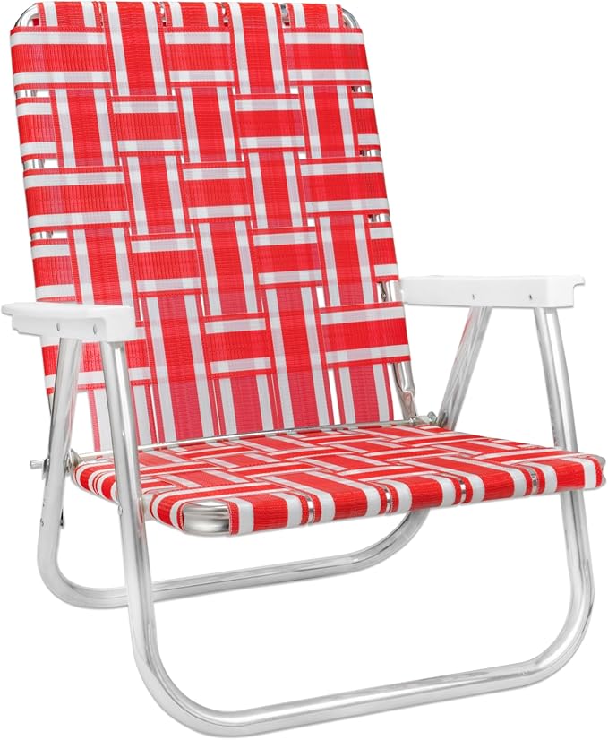 Lawn Chair USA Folding Aluminum Outdoor Patio Lawn Chair | Heavy-Duty Webbed Chairs for Camping, Sports, Beach, Yard & Tailgating | Lightweight Portable | High Back Beach Chair - Red & White Stripe
