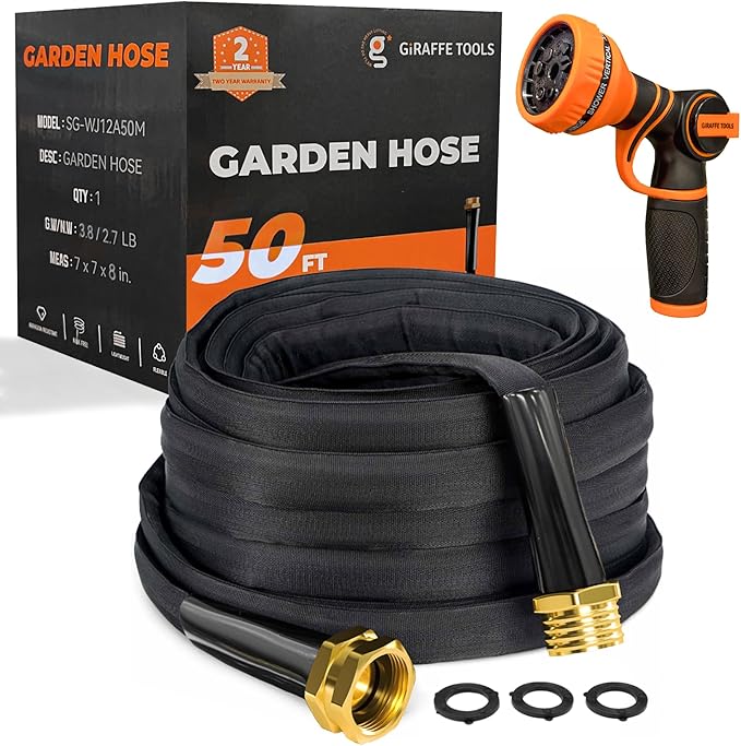 Giraffe Tools Garden Hose 50FT Lightweight Lay Flat Water Hose Kink Free Flexible Hose with 9 Spray Function Nozzle(Black)