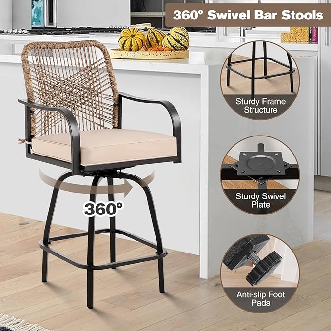 Outdoor Bar Stools Set of 2, Patio Swivel Counter Height Rattan Bar Stools, Patio Wicker Bar Swivel Chairs with Cushion, Outdoor Pool Bar Chairs for Backyard Garden Balcony w /360 Rotation