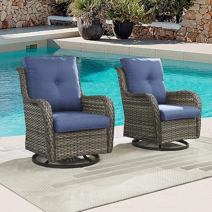 Outdoor Patio Swivel Rocker Chairs - Wicker Rattan Patio Swivel Rocking Chairs Set of 2 with High Back,Deep Seating and Comfort Cushions for Deck Porch Garden,Mixed Grey/Blue