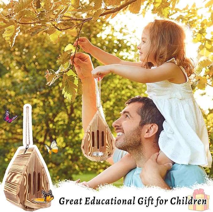 Wooden Butterfly House and Feeder, Hanging Butterfly House for Garden, Natural Butterfly Habitat with Butterfly Puddler for Outside Butterflies, Moths - Backdoor, Easy to Clean