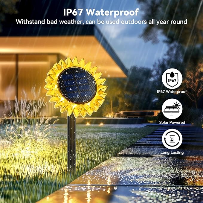Solar Outdoor Garden Lights, 6 Pack Sunflower LED Ground&Wall 2-in-1 IP67 Waterproof Decorative Light for Yard Landscape Pathway Patio Walkway Backyard Decor (Warm White)