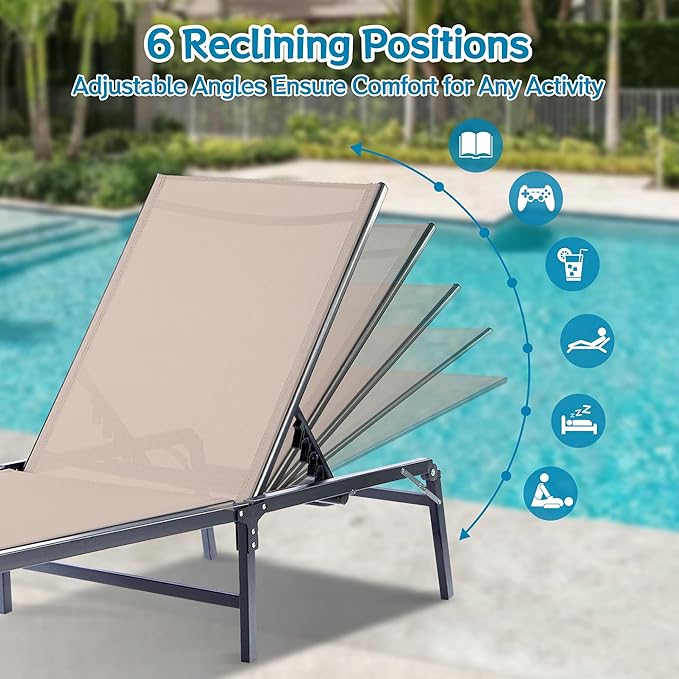Outdoor Chaise Lounge Chair Set of 2, Foldable & Assemble-Free, 6 Adjustable Positions, Durable Rust-Resistant Frame, Portable Outdoor Pool Lounge Chairs for Pool Patio Beach, Khaki