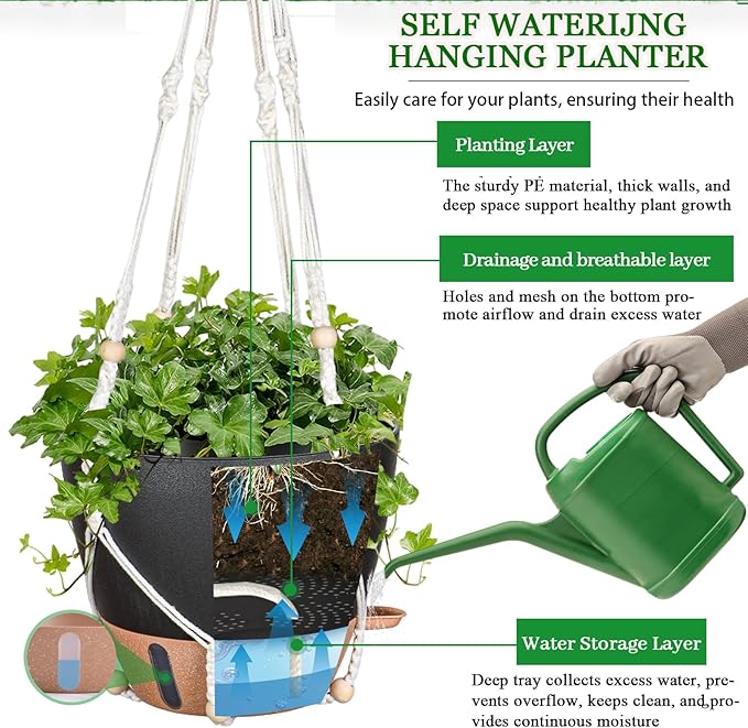 10 Inch Hanging Planters for Indoor Plants, 2 Pack Self Watering Hanging Baskets Flower Pots with Drainage Hole, Visual Reservoir & 2 Kinds of Plant Hanger for Outdoor Garden Home Decor(Black)