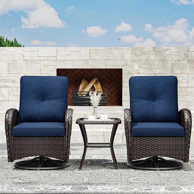 Joyside Outdoor Swivel Rocker Chairs, 3 Piece Wicker Patio Set with Thick Cushion and Side Table, Rattan Patio Swivel Rocking Chairs for Porch, Deck Use (Brown/Blue, 3 PCS)