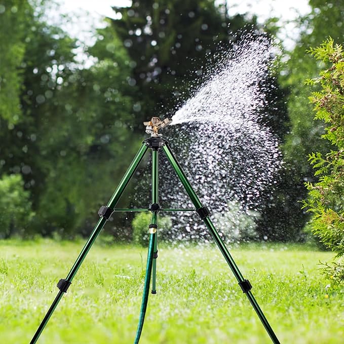 Biswing Impact Sprinkler Head on Tripod Base, Heavy Duty Lawn Sprinklers, 360 Degree Large Area Irrigation, Brass Sprinkler Nozzle & Solid Alloy Metal Extension Legs Flip Locks, 1 Pack