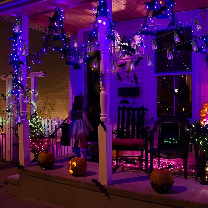 Solar Halloween Lights Outdoor, 13Ft Outdoor String Lights with 10 Flickering Flame Bulb, Waterproof Solar Powered Purple Halloween Lights LED Flame Lights for Halloween Decorations Yard Patio Garden