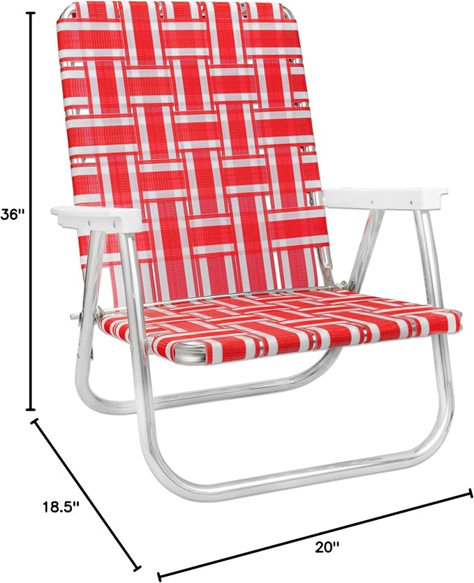 Lawn Chair USA Folding Aluminum Outdoor Patio Lawn Chair | Heavy-Duty Webbed Chairs for Camping, Sports, Beach, Yard & Tailgating | Lightweight Portable | High Back Beach Chair - Red & White Stripe