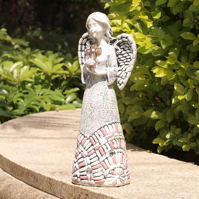 Angel Garden Statues Outdoor Solar Decor Gifts for Women Cross Praying for Cemetery Backyard Lawn Yard Decoration(10.24inch)