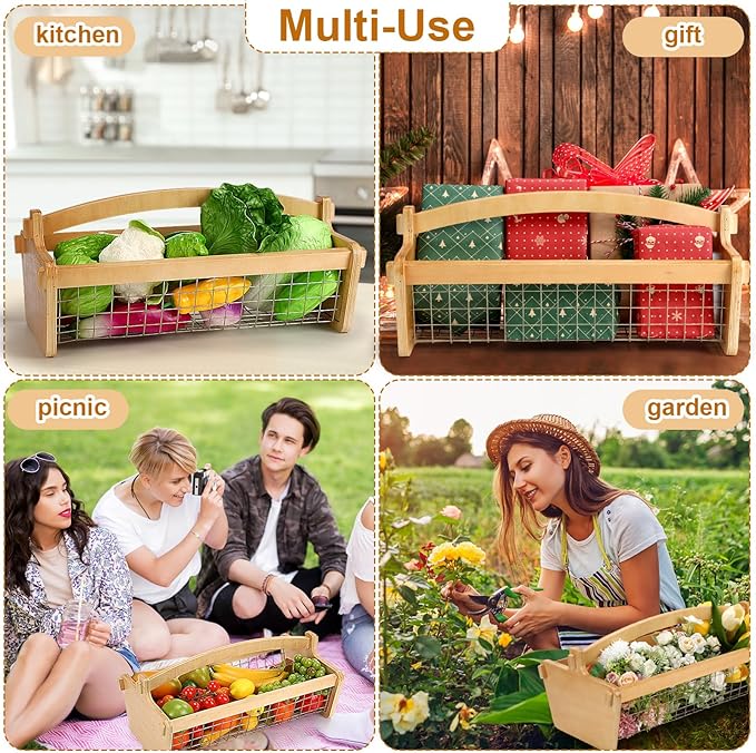 Large Garden Hod Harvest Basket 19 x 11 x 6 Inch, Wooden Gathering Basket with Handle Gardening Gifts for Mom Father Grandma Women Gardener Birthday Washing and Holding Fruit Vegetable