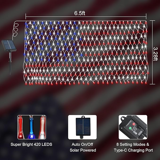 DBFAIRY Solar American Flag Lights Outdoor,420 LEDs American Flag Net Lights 6.5ft x 3.28ft Super Bright,Memorial Day Decorations of The United States for Independence/National/Memorial Day,July 4th