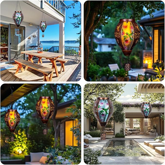 Hummingbird Hot Air Balloon Solar Lantern, Metal & Glass Flickering Flame Light Solar Lantern, Hanging Waterproof Solar Lanterns Outdoor for Garden Patio Tree Decoration