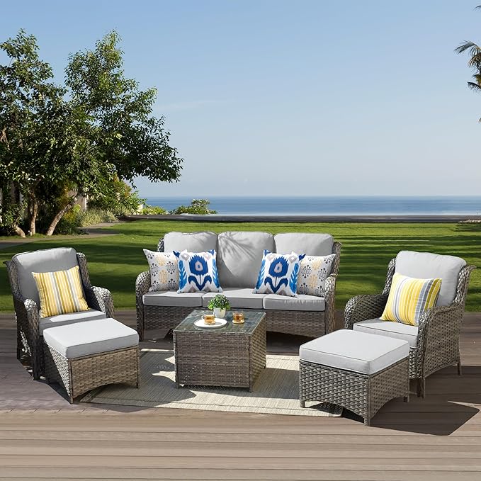 ovios 6 Pieces Patio Furniture Set, Outdoor Wicker Sofas with Glass Coffee Table and Comfy Cushions, All Weather High Back Couch Set for Deck Porch, Grey Rattan, Grey
