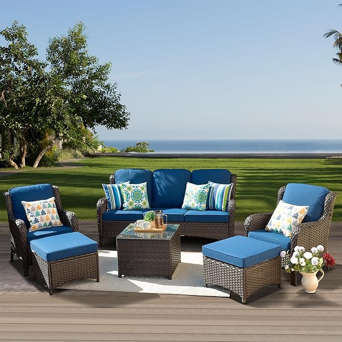 ovios 6 Pieces Patio Furniture Set, Outdoor Wicker Sofas with Glass Coffee Table and Comfy Cushions, All Weather High Back Couch Set for Deck Porch, Brown Rattan, Navy Blue