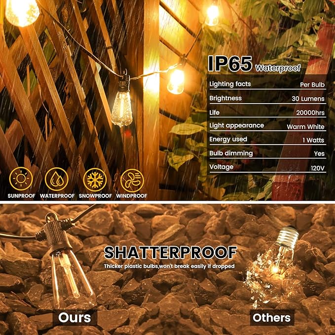 Outdoor Patio String Lights, 240FT LED with 120+4 ST38 Vintage Edison Bulbs, Waterproof Connectable Hanging Lights for Outside Backyard Bistro Porch (120FTx2)