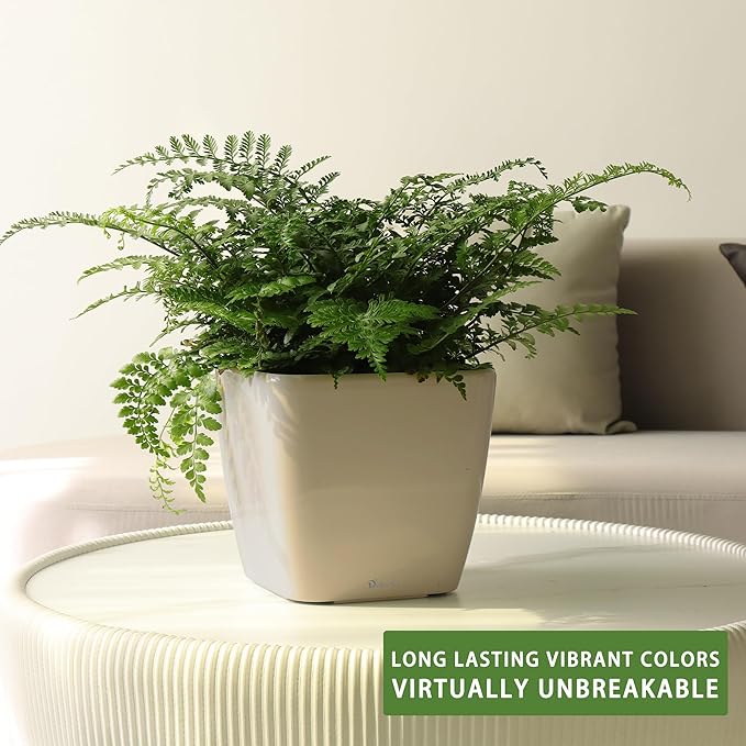 Dexceder 9x8 Self Watering Planter Indoor Outdoor, Inner Mat Design, Thickened Table Flower Plant Pot with Water Level Indicator (Taupe Matte)