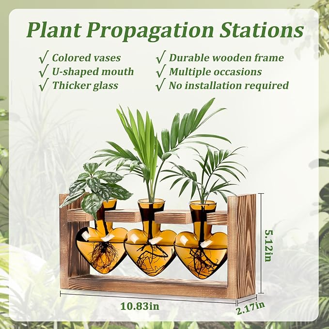 Lifecapido Heart Shaped Propagation Stations, Plant Terrarium with Wooden Stand, Plant Propagation Station for Hydroponics Plants Office Garden Home Decor, Gifts for Women Plant Lover (3 Vases, Amber)