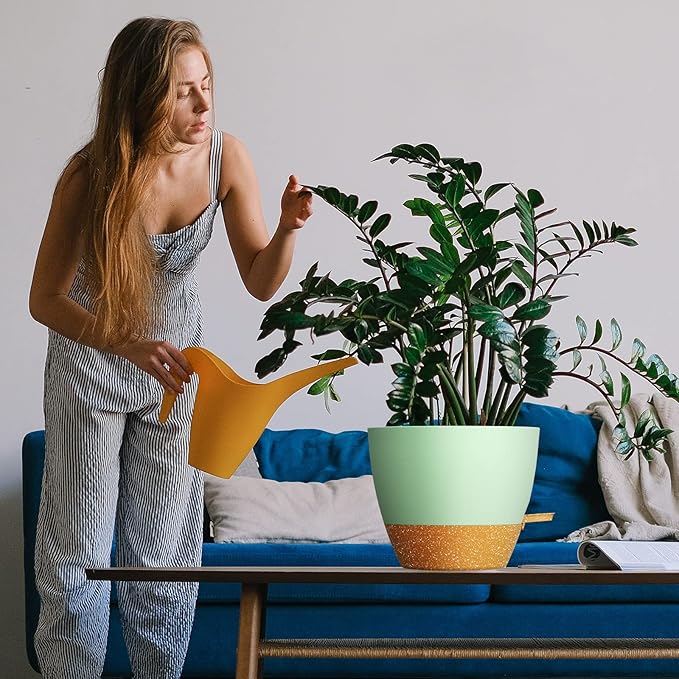 WOUSIWER 10 inch Self Watering Planters, 2 Pack Large Plastic Plant Pots with Deep Reservior and High Drainage Holes for Indoor Outdoor Plants and Flowers, Green with Terracotta