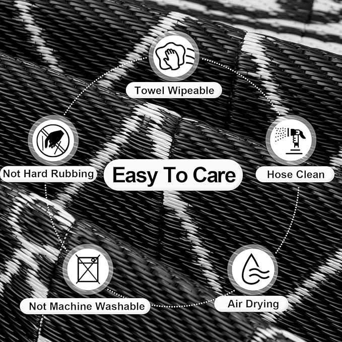 OutdoorLines Indoor Outdoor Rugs for Patio 6x9 ft - Reversible Outside Carpet, Stain & UV Resistant Portable RV Mats, Plastic Straw Rug for Camping, Pool Deck, Porch Rhombus Black & White