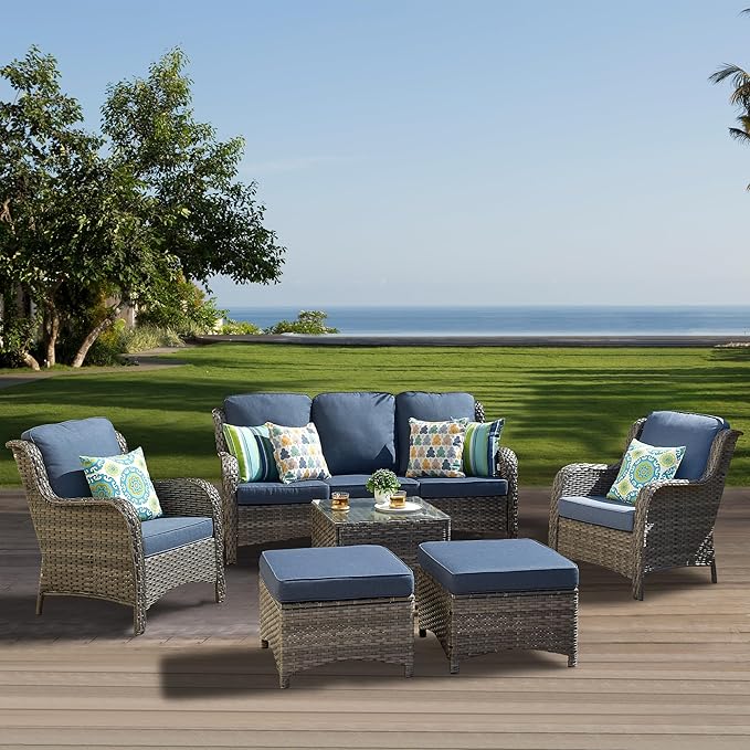 ovios 6 Pieces Patio Furniture Set, Outdoor Wicker Sofas with Glass Coffee Table and Comfy Cushions, All Weather High Back Couch Set for Deck Porch, Grey Rattan, Denim Blue